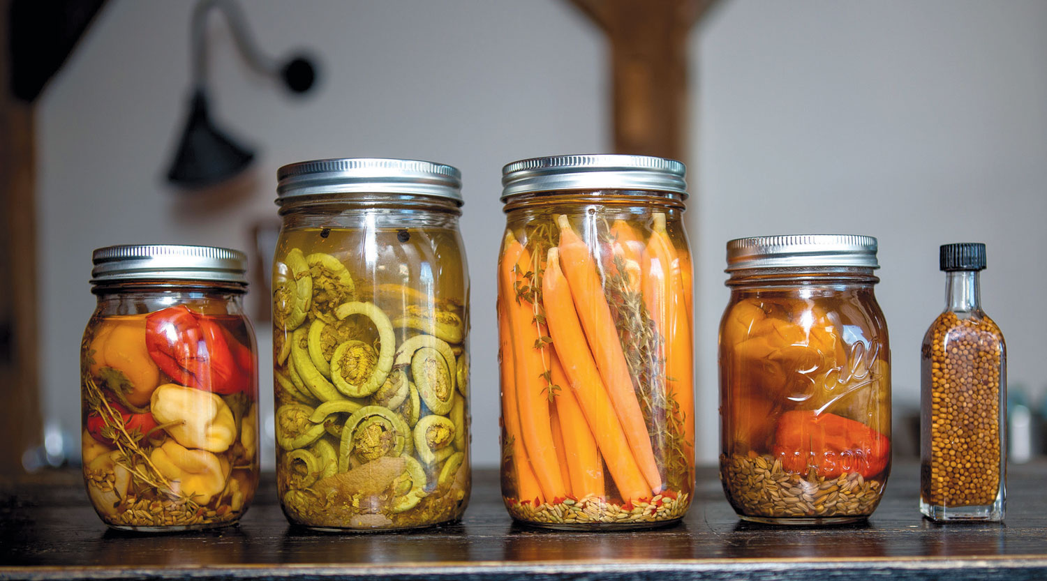 Pickled vegetables at Viaggio, including peppers, fiddlehead ferns, carrots with thyme, peppers with peppercorns and fennel seeds and mustard seeds.
