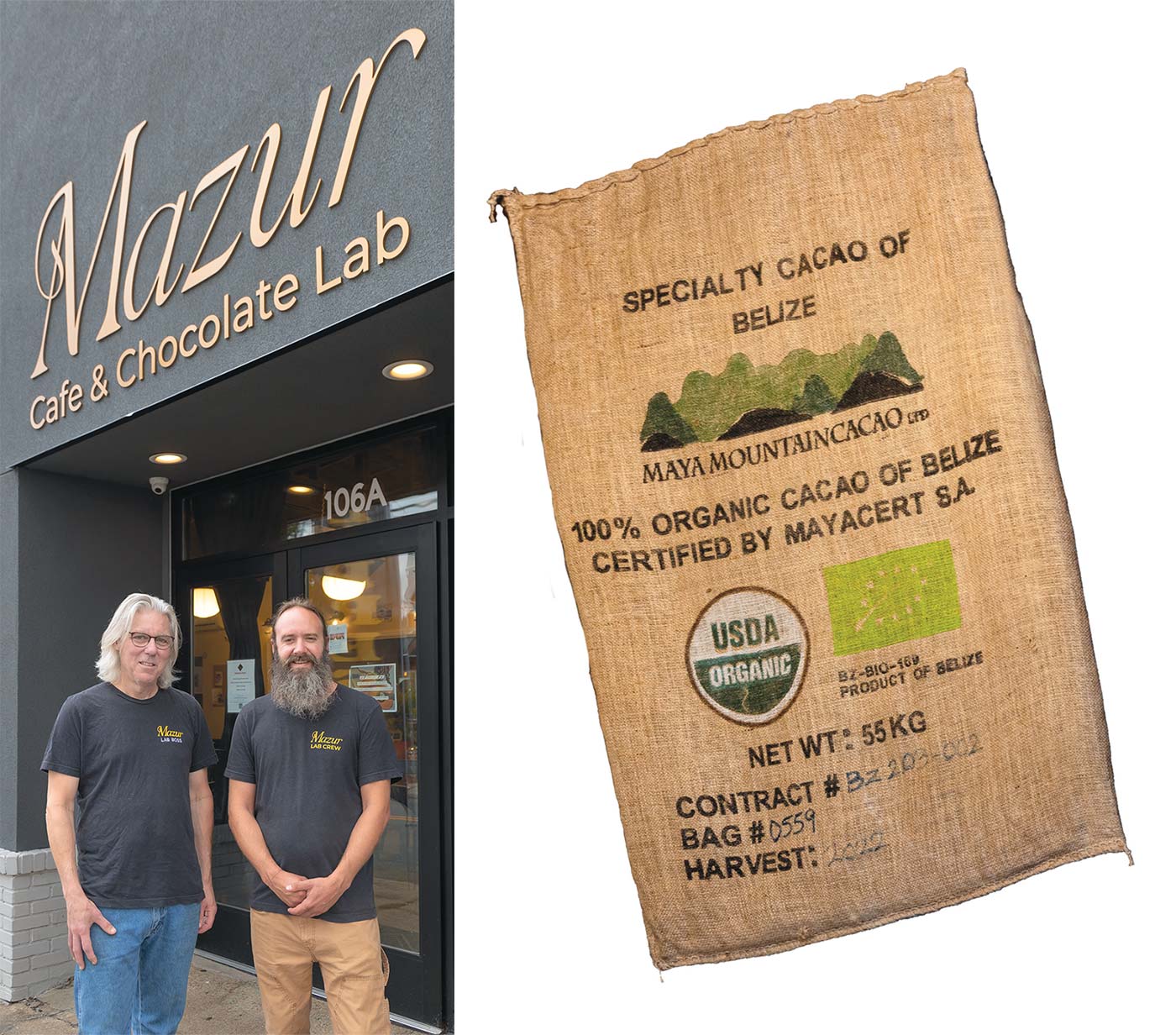 Mazur storefront and bag of cacao