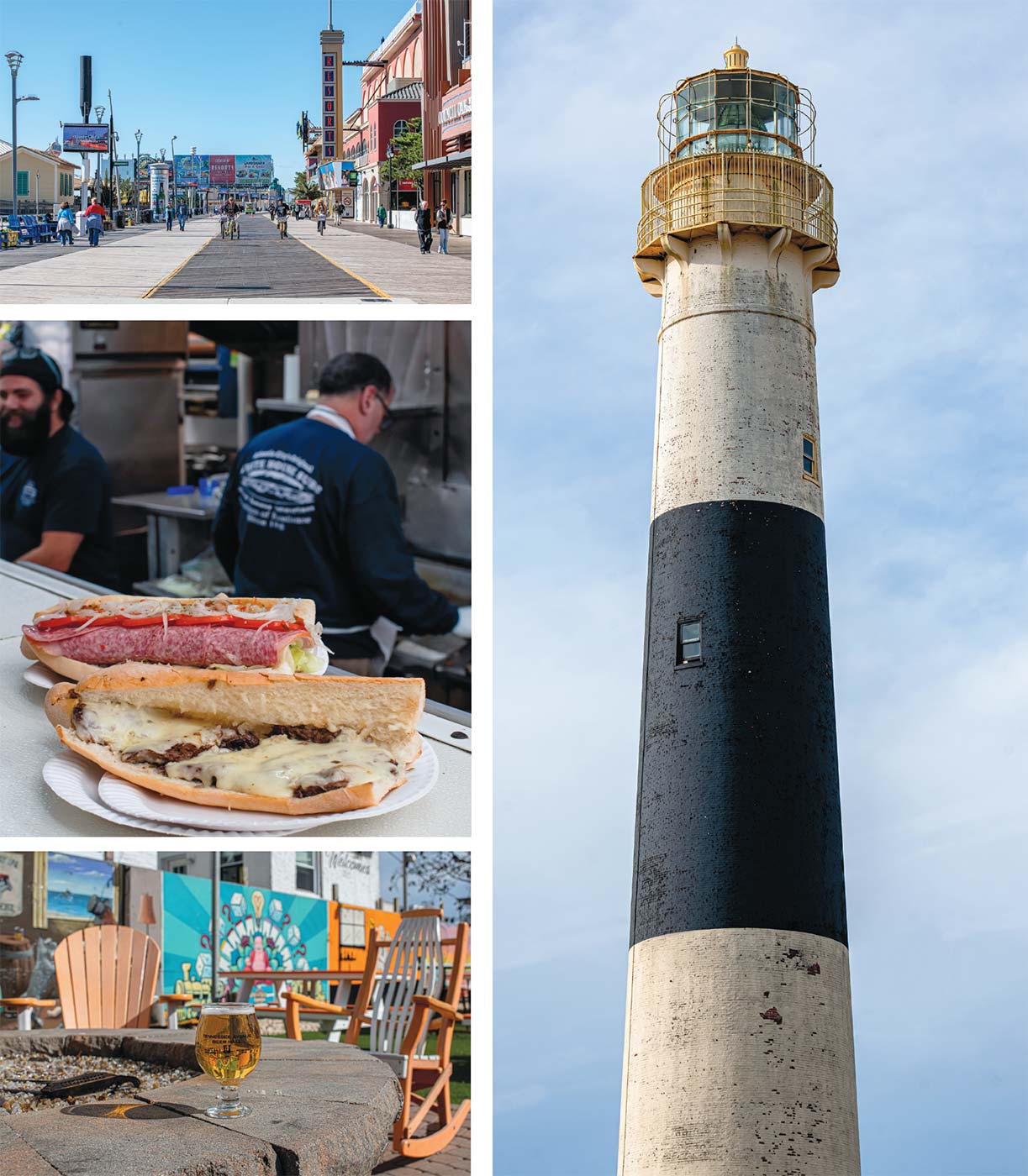 LEFT, TOP TO BOTTOM: Atlantic City Boardwalk Trail, White House Subs, Tennessee Avenue Beer Hall RIGHT: Abescon Lighthouse