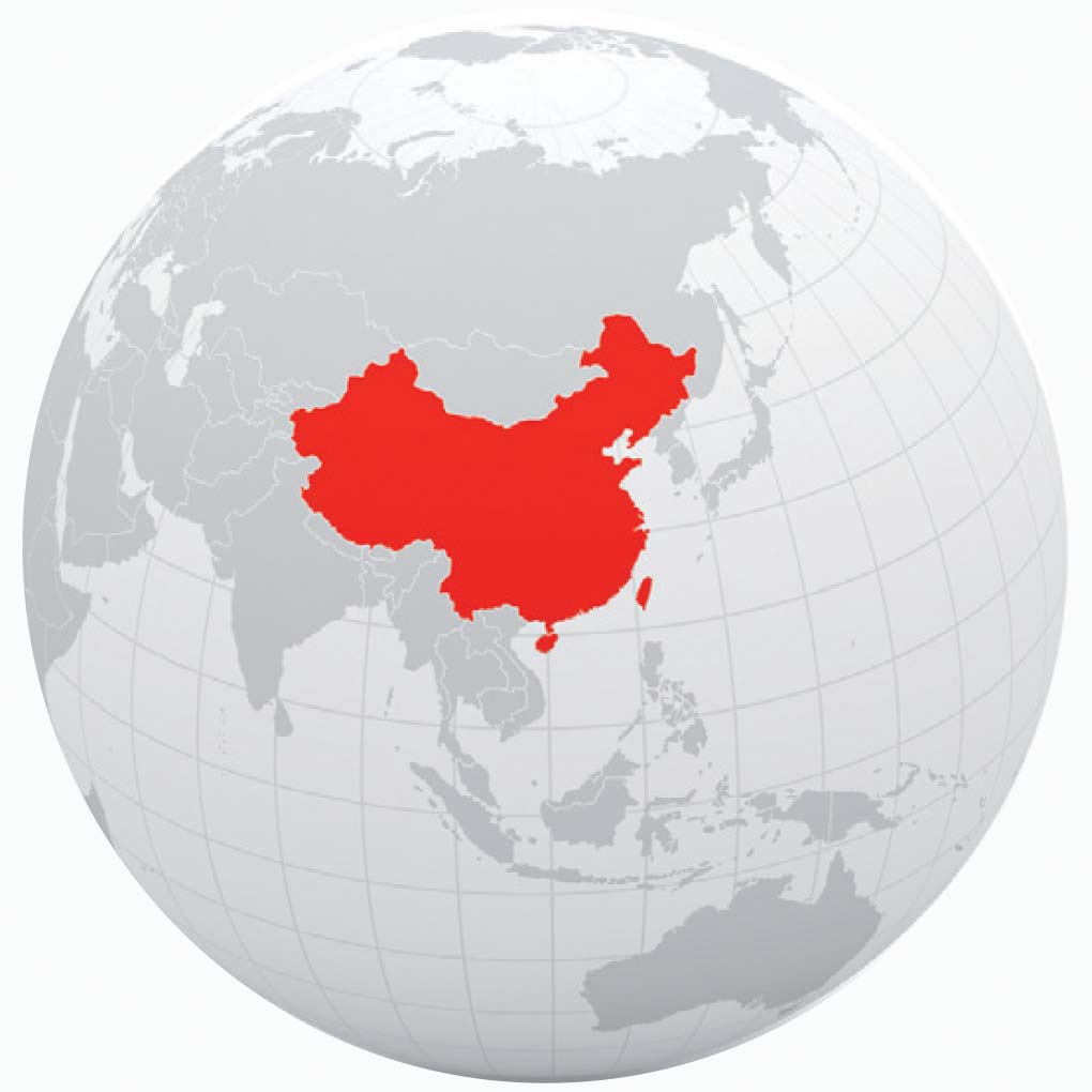 China indicated on the globe
