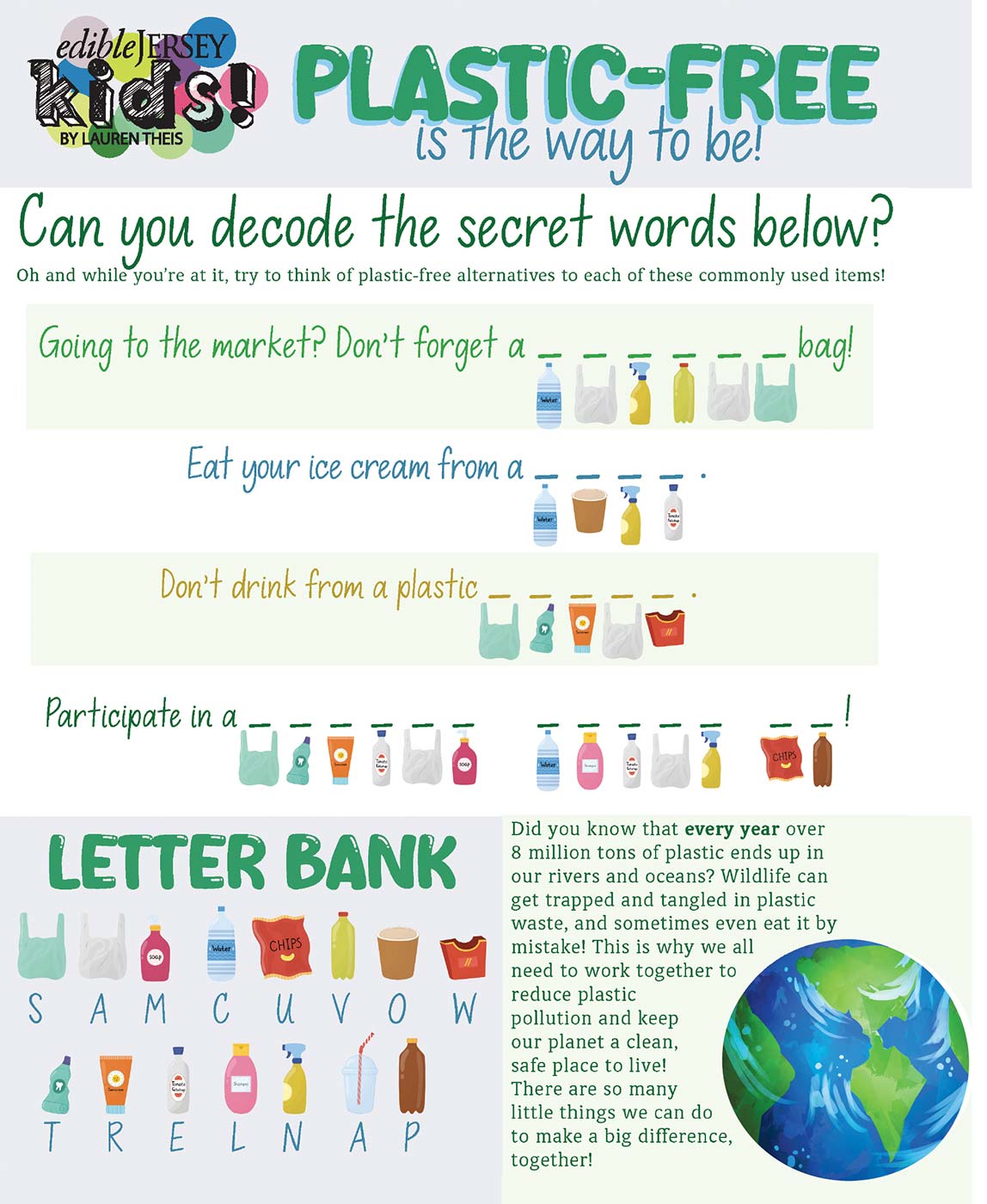 Plastic Free is the way to be - a fun activity sheet for kids