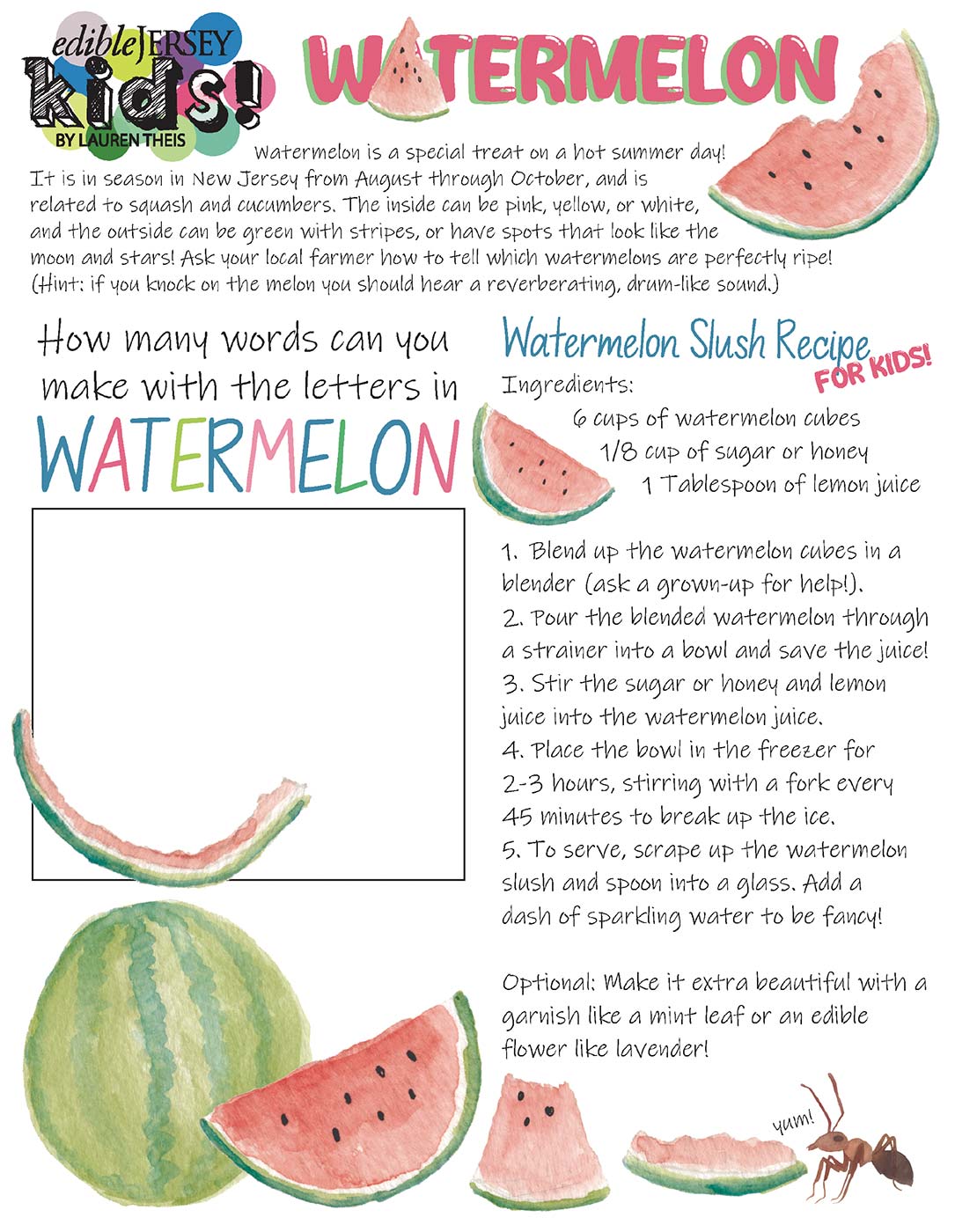 Fun for kids - watermelon activity sheet by edible Jersey