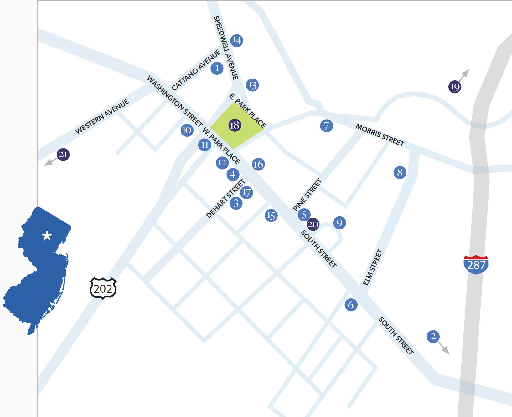 Morristown shopping and restaurant map
