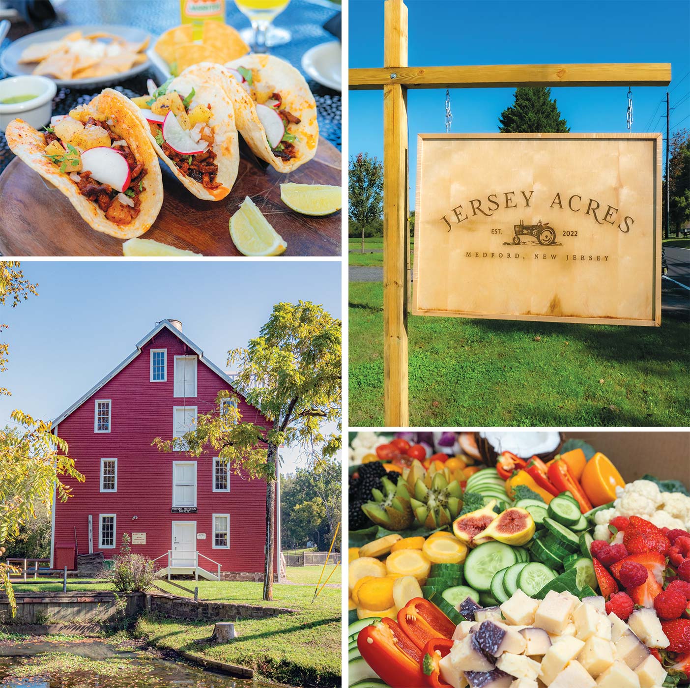 clockwise from top left: Tacos al Pastor at Mi Pueblito; Jersey Acres Farm; fresh offerings from Grazing Affair; Kirby Mill