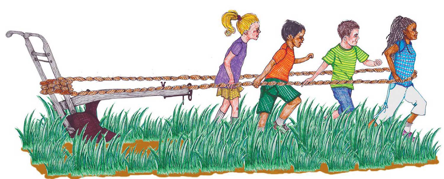 A wooden plow with kids