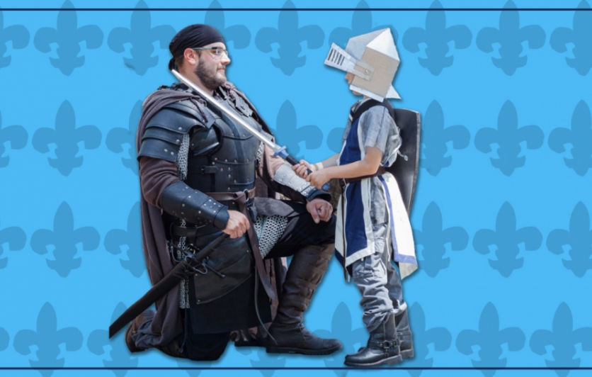 Banner image for Fantasy Faire on a light blue patterned background with a kneeling man in medival armor being knighted by a little boy with a toy sword in medieval armor and helmet.
