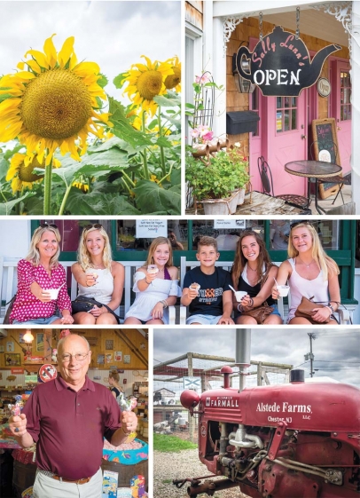 clockwise from top left: Sunflower maze at Alstede Farms; Sally Lunn’s serves tea and scones; All smiles at Taylor’s Ice Cream Parlor; Hayrides and more at Alstede Farms; Owner Steve Jones showing off at Black River Candy Shoppe
