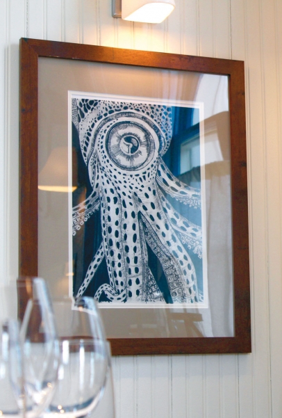 A charcoal illustration by Chef Craig Polignano, which hangs in the dining room of daPesca.