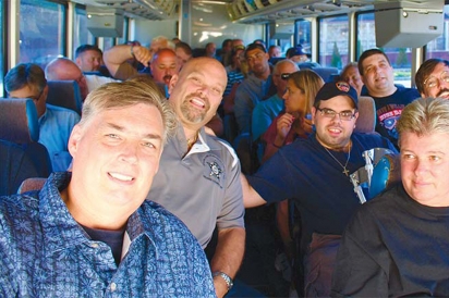 Erwin Benz (left) and John Fox (right) with a busload of New Jersey Hot Dog Tour goers
