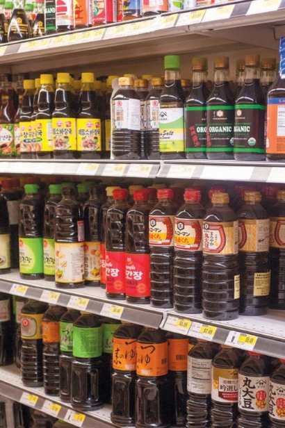 A portion of the large variety of soy sauces at H Mart