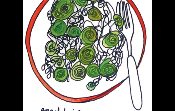 illustration of angel hair pasta with fiddlehead ferns