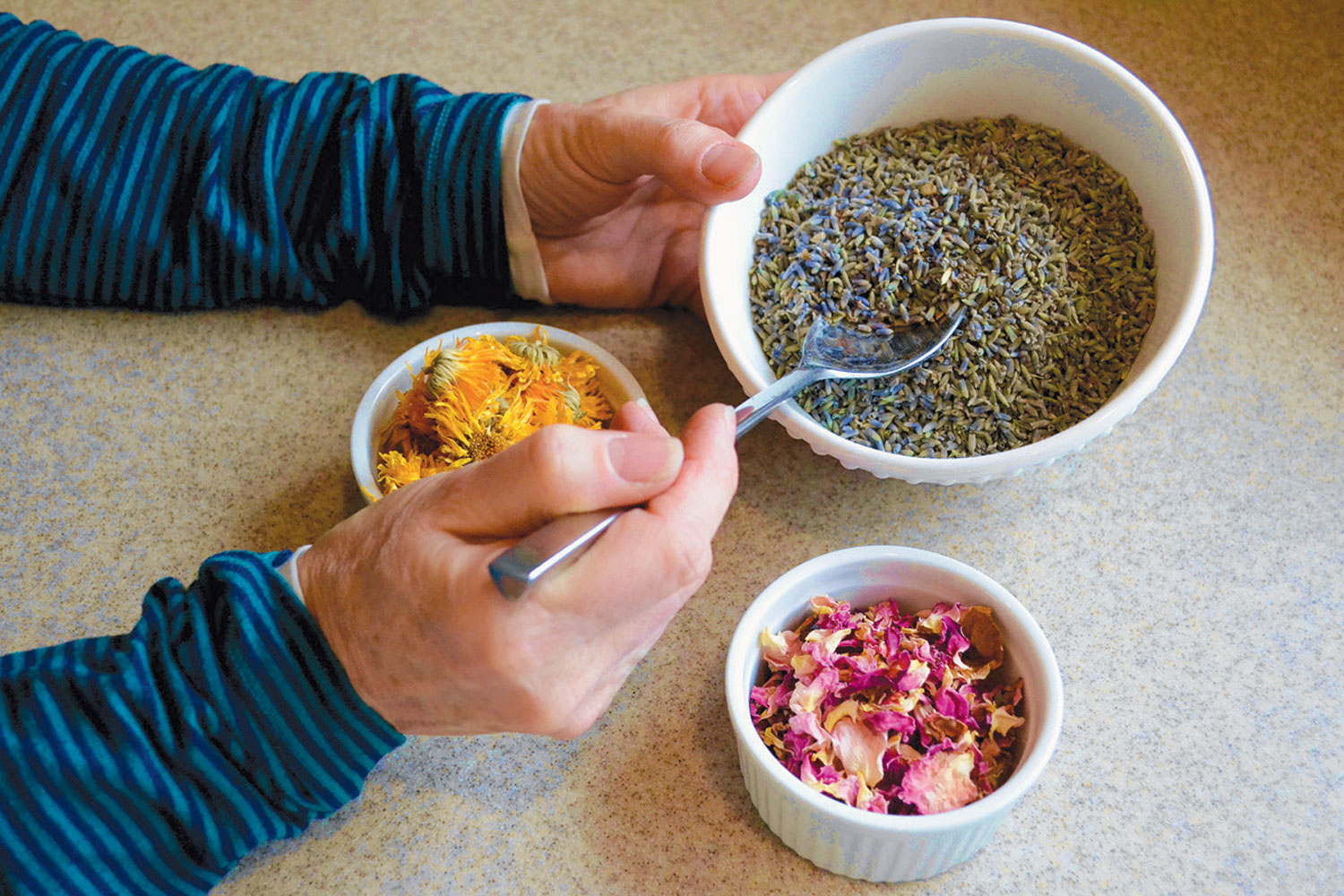 dried lavender, chamomile and rose petals
