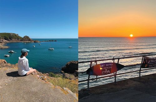 Jules Donnini sitting atop the granite island overlooking Portelet Bay, Jersey